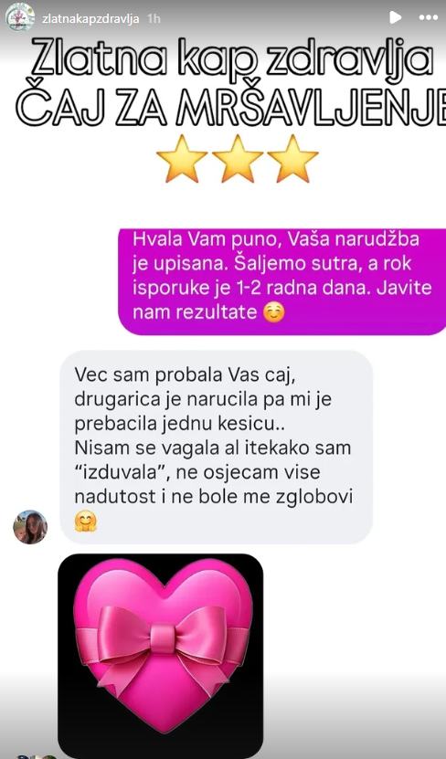 Poruka korisnice o osjećaju nakon korištenja čaja